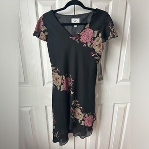 NWT vintage black floral asymmetrical dress - size 8P petite